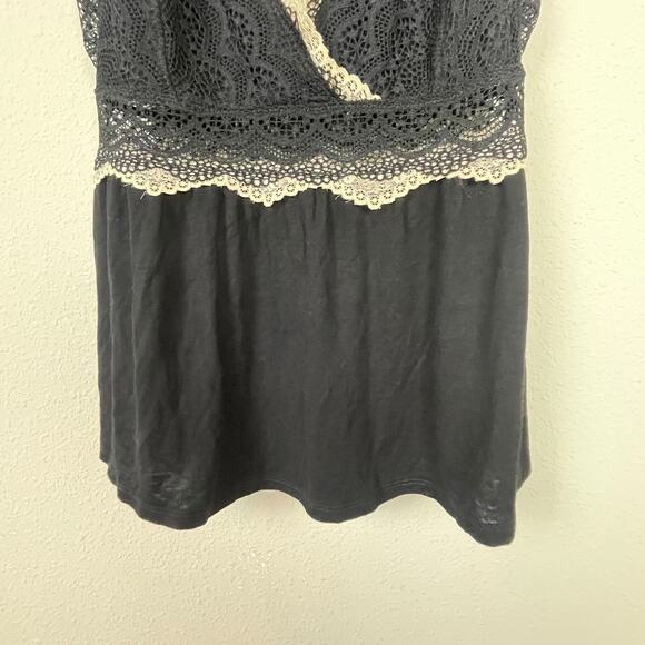 Tahari Sleepwear Lace Babydoll Top Sz XS Festival Whimsigoth Black Beige Peplum - Picture 6 of 8